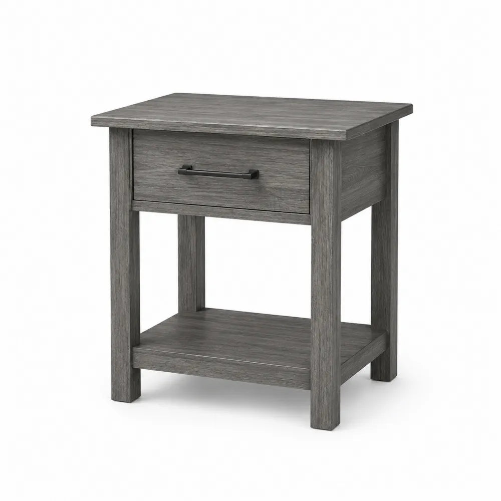 Table de chevet en bois gris avec tiroir et étagère