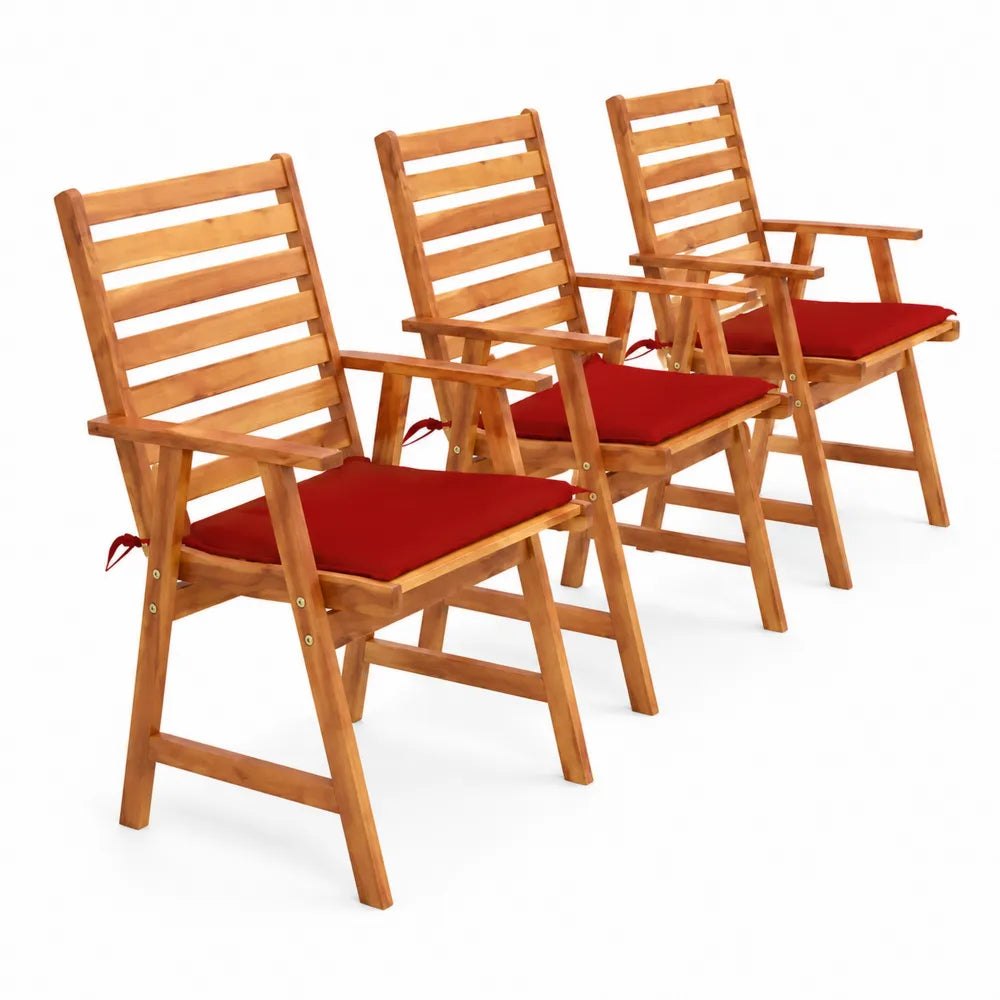 Chaises de jardin pliables en bois avec coussins rouges (lot de 3)