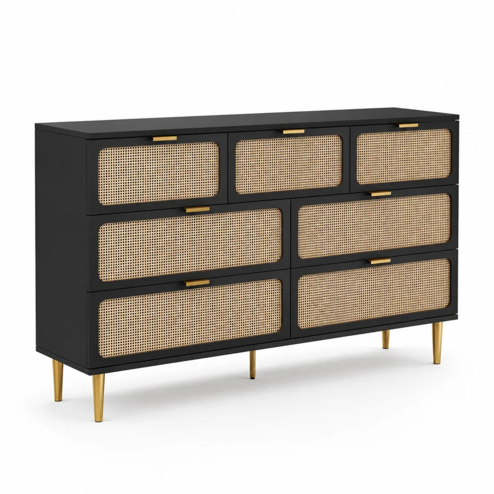 Commode en bois noir avec tiroirs en rotin