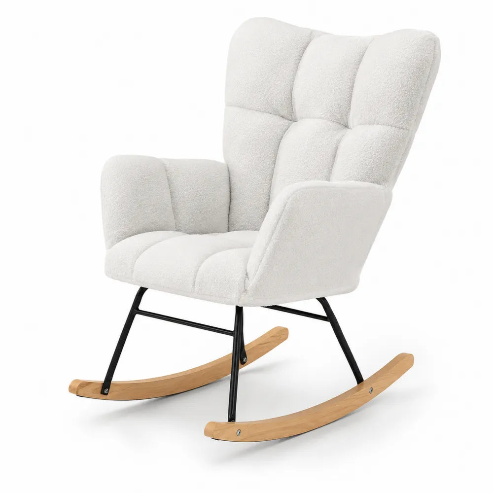 Fauteuil à bascule en tissu bouclette métal et bois 75x80x100 cm
