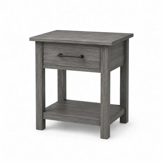 Table de chevet en bois gris avec tiroir et étagère
