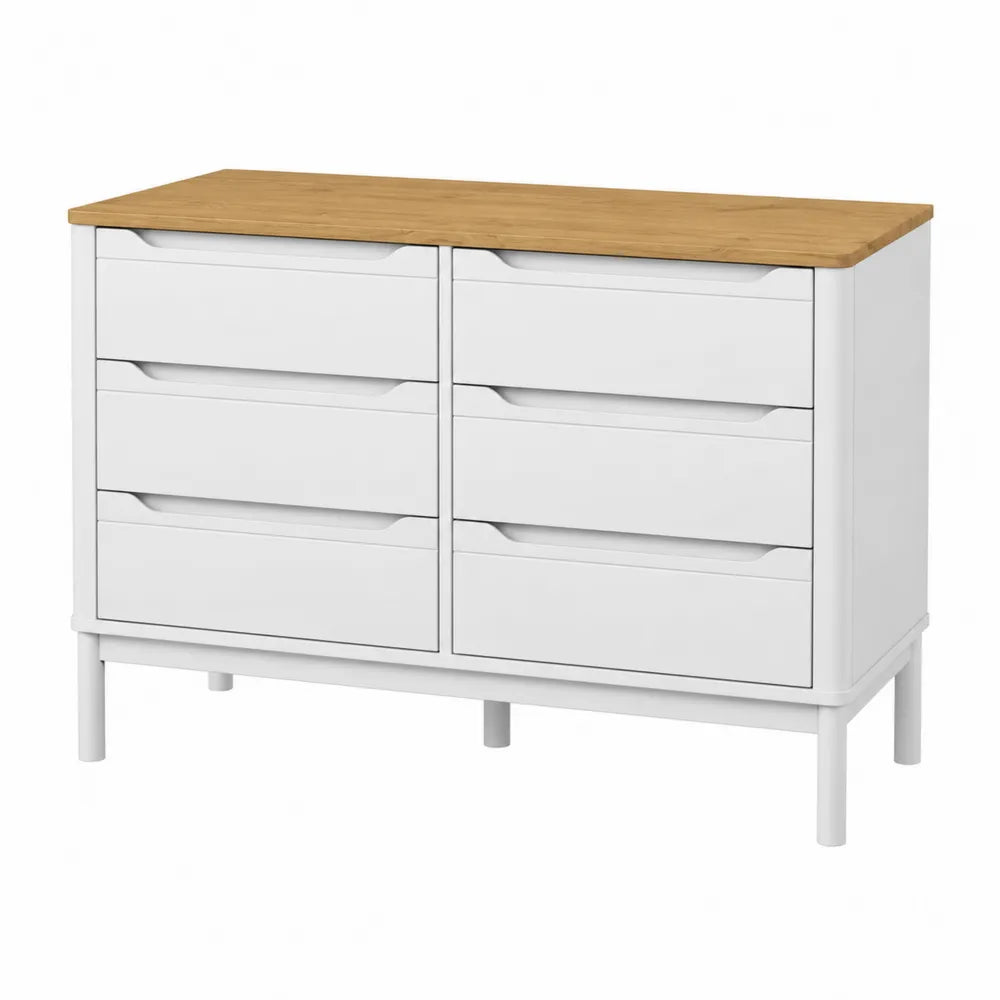 Commode en Bois et MDF à 6 Tiroirs Blanc et Chêne Naturel