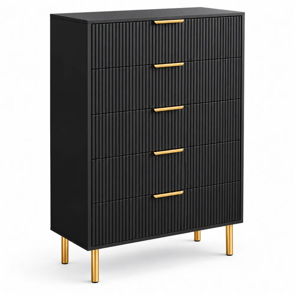 Commode haute 5 tiroirs en bois noir et métal doré