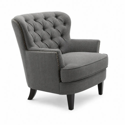 Fauteuil en tissu gris avec pieds en bois massif