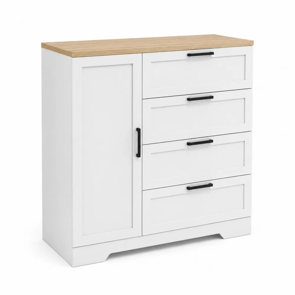 Commode en Bois avec 4 Tiroirs et 1 Porte 80x35x100 cm Blanc et Chêne