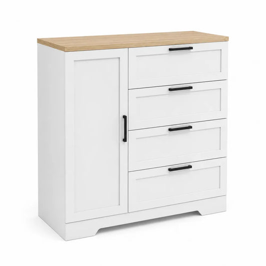 Commode en Bois avec 4 Tiroirs et 1 Porte 80x35x100 cm Blanc et Chêne