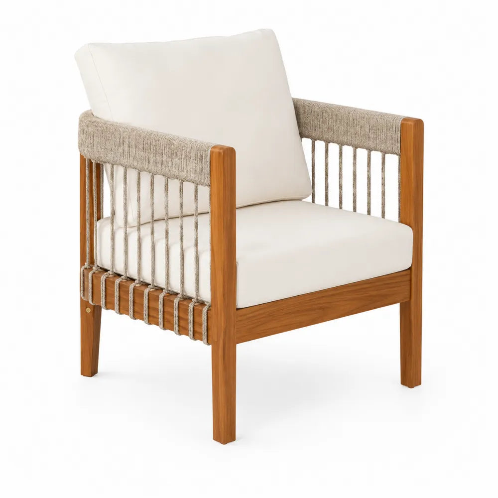 Fauteuil en teck et corde avec coussins écrus
